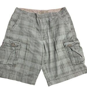 Vintage 90s Plugg Co High Rise Cargo Shorts 33 Green Plaid Pockets Button Zip